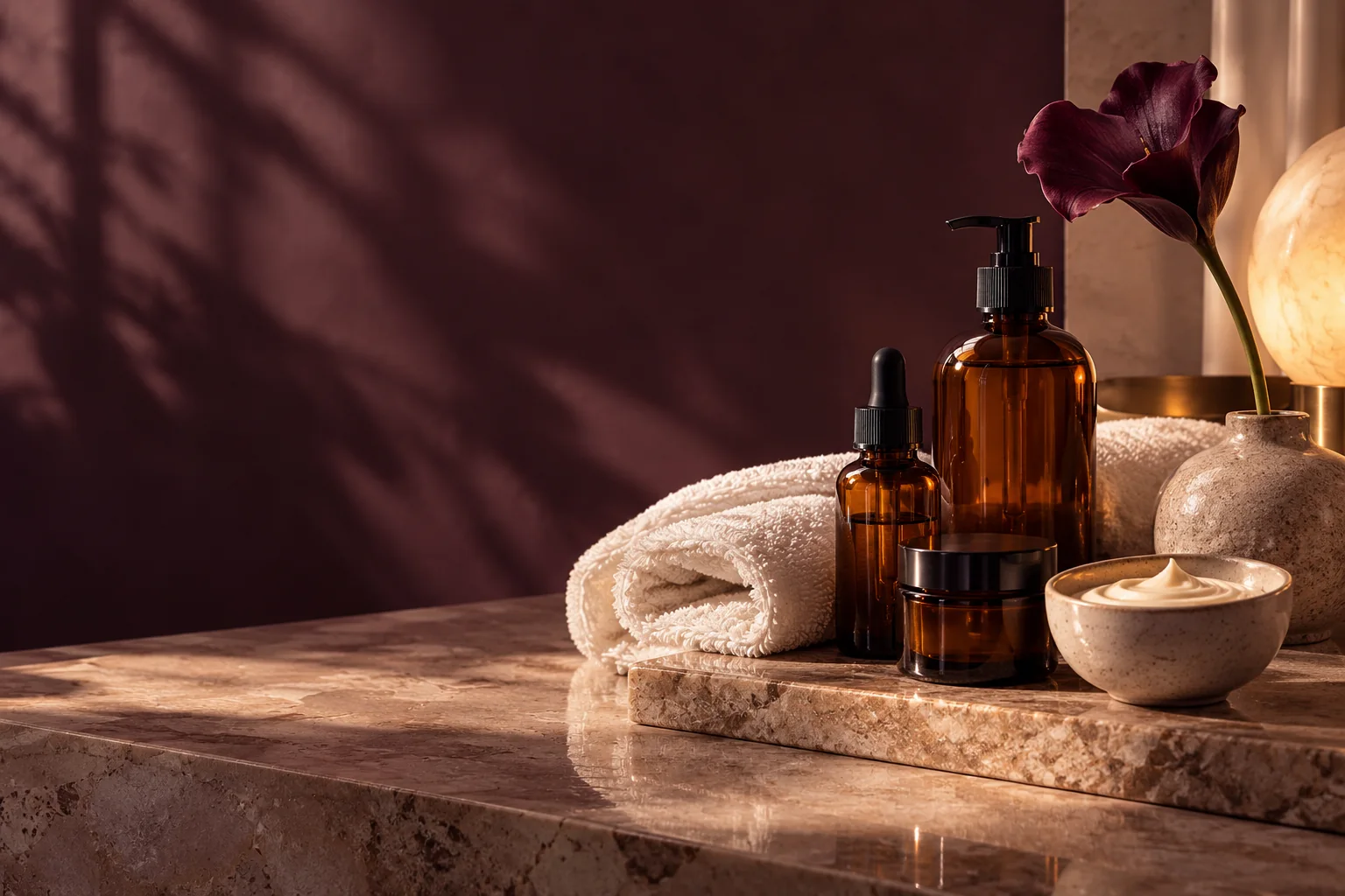 Spa bottles, a folded towel and a flower against a burgundy background